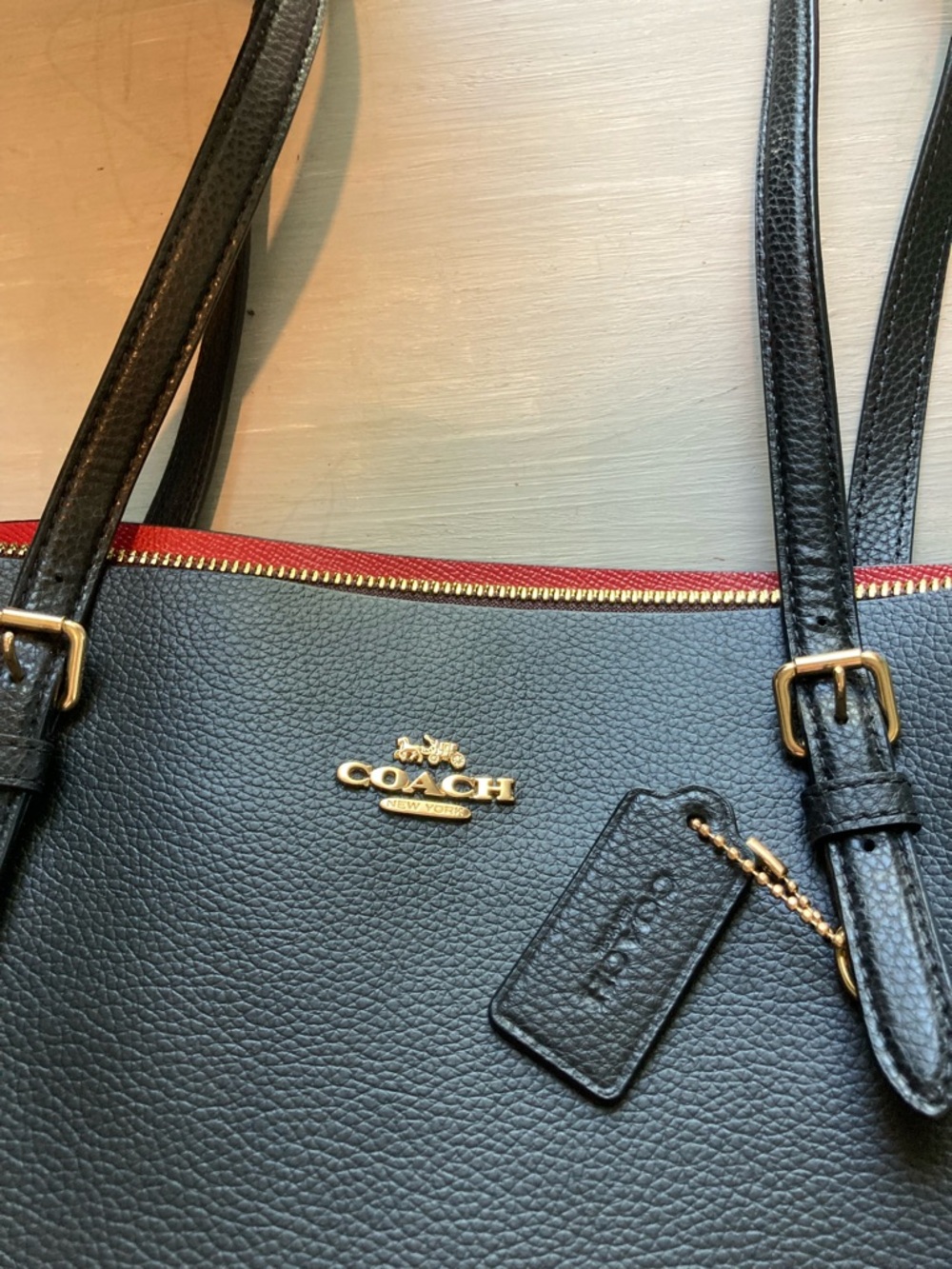 Coach Black Leather Tote with Red Interior and Gold Hardware - Picture 6 of 9
